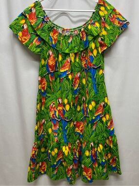 Vintage Hilo Hattie dress muumuu size medium parrot macaw ruffle Hawaiian luau